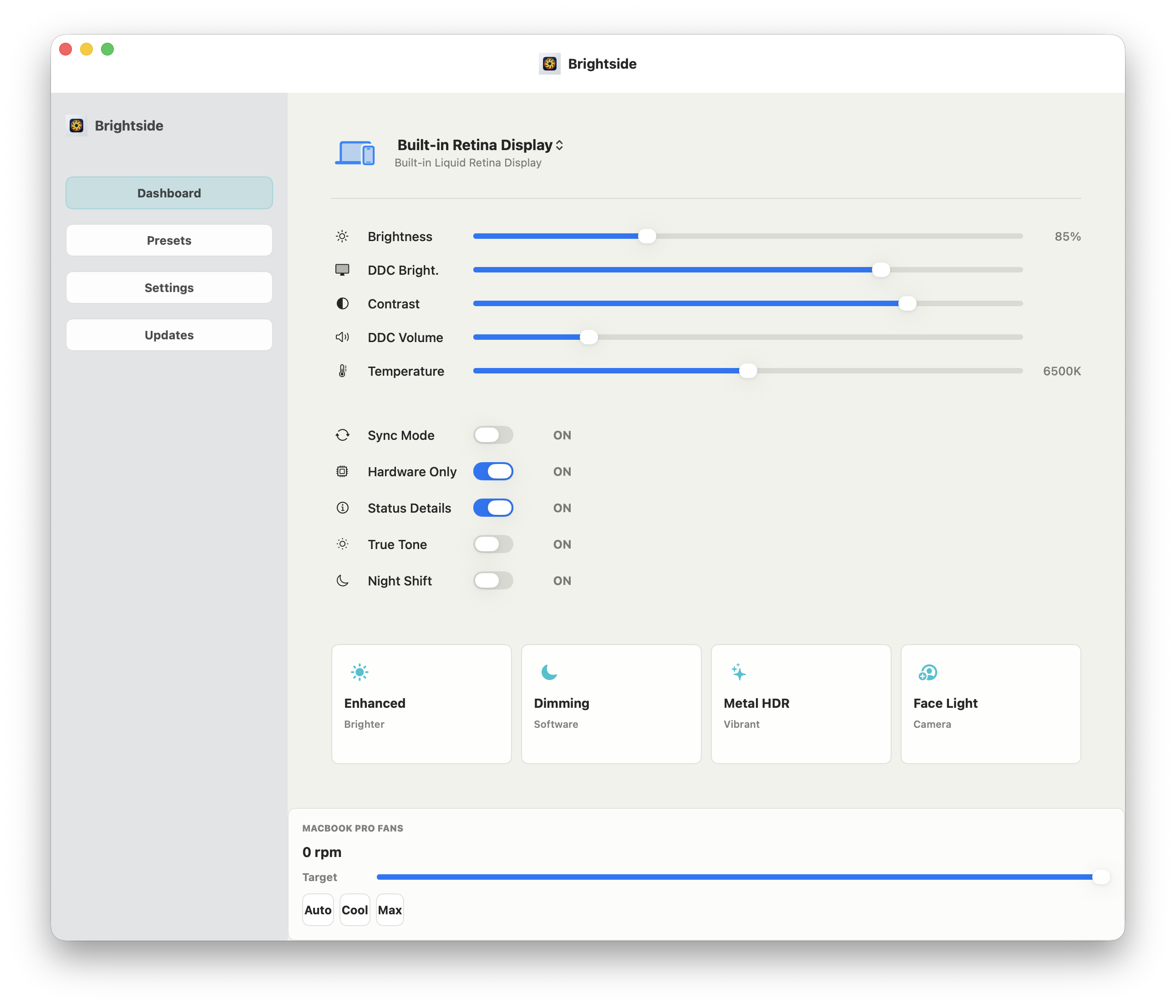 Brightside macOS display control interface
