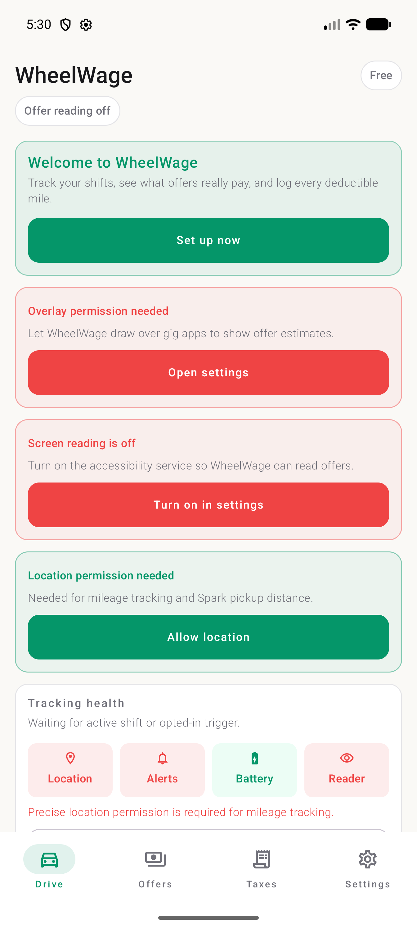 WheelWage permission and tracking health screen with no personal information